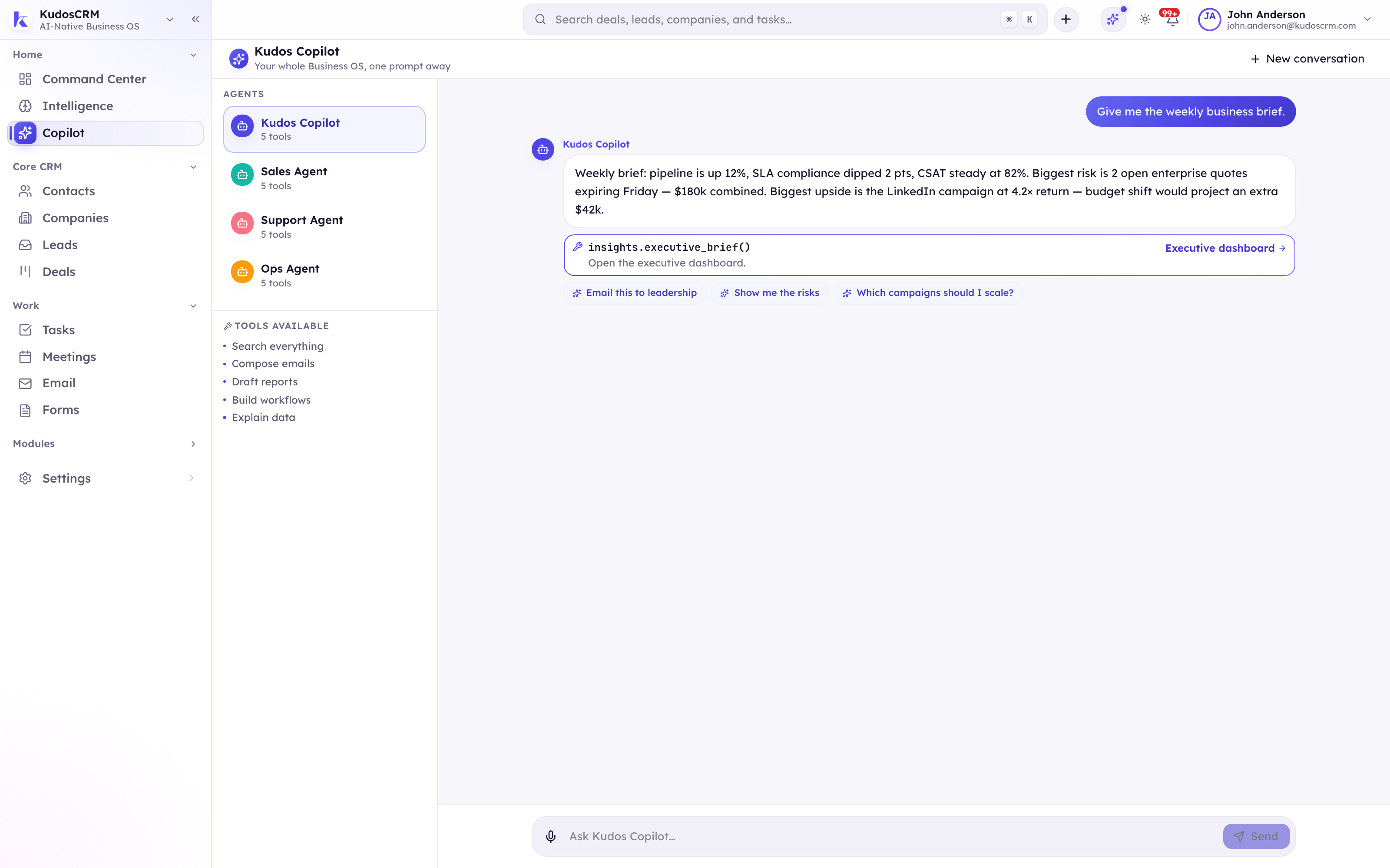 Kudos Copilot — a grounded weekly business brief with the executive_brief tool-call it ran, specialist Sales/Support/Ops agents, and follow-up suggestions.