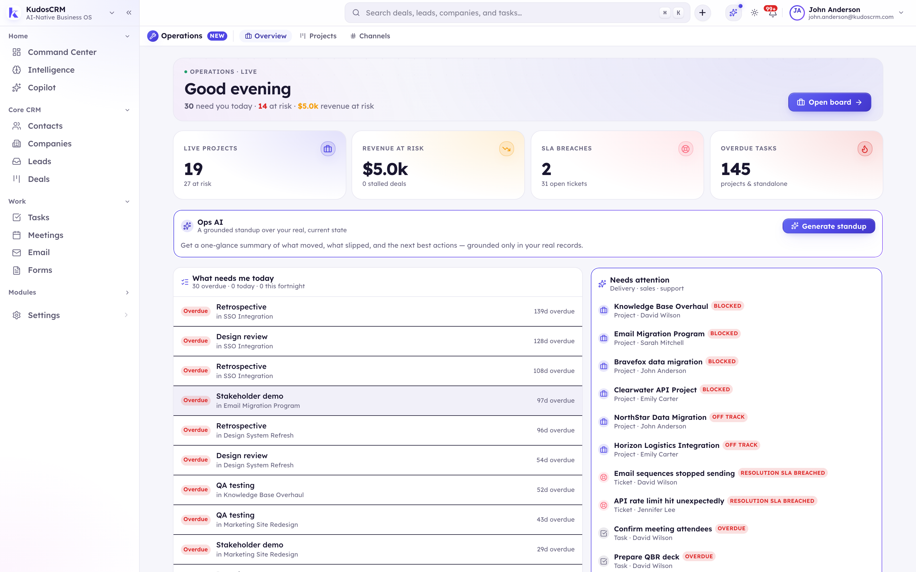 Ops Mission Control — live projects, revenue at risk, SLA breaches and overdue tasks with a grounded AI standup.