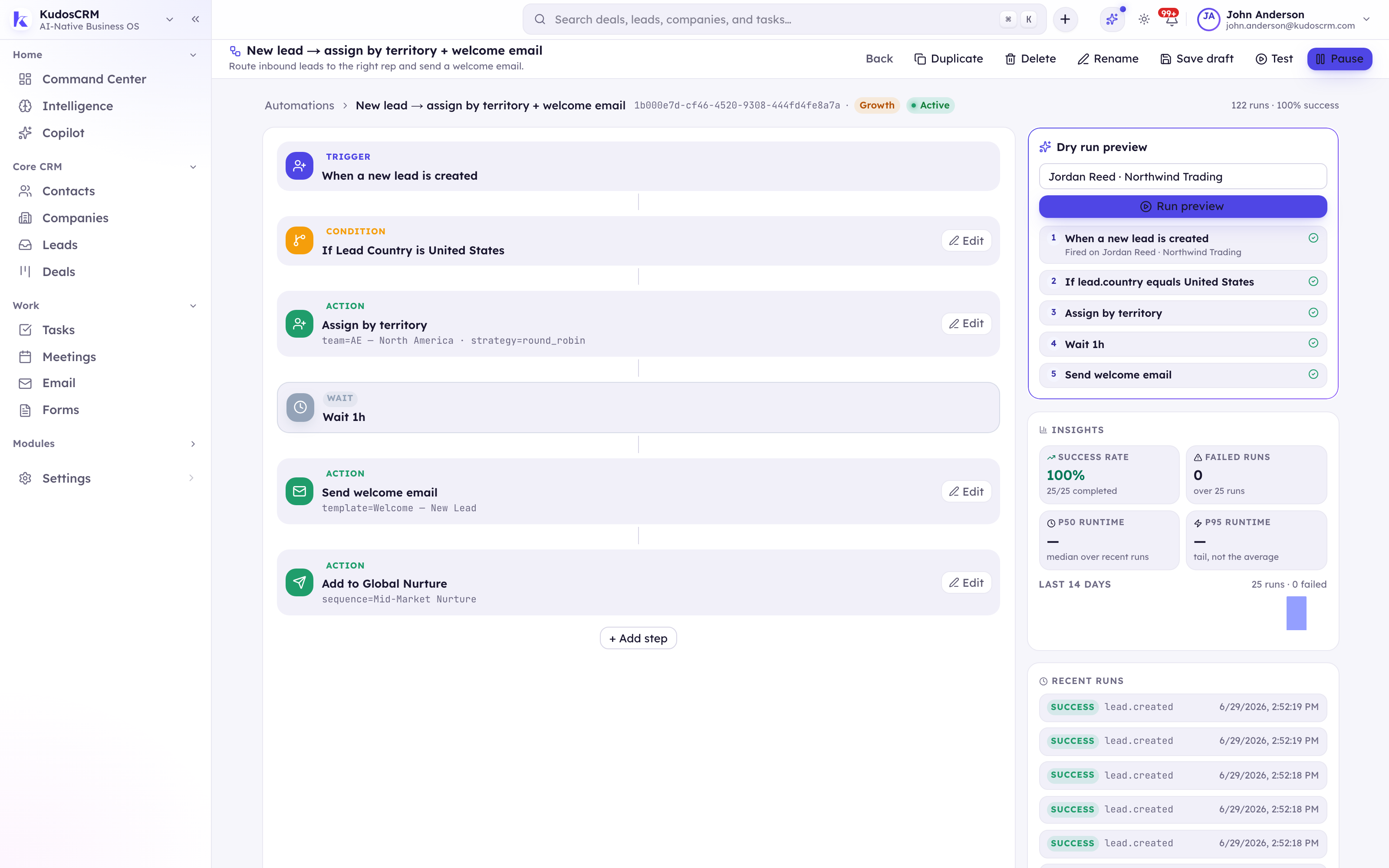 KudosCRM automation builder with the event trigger list open