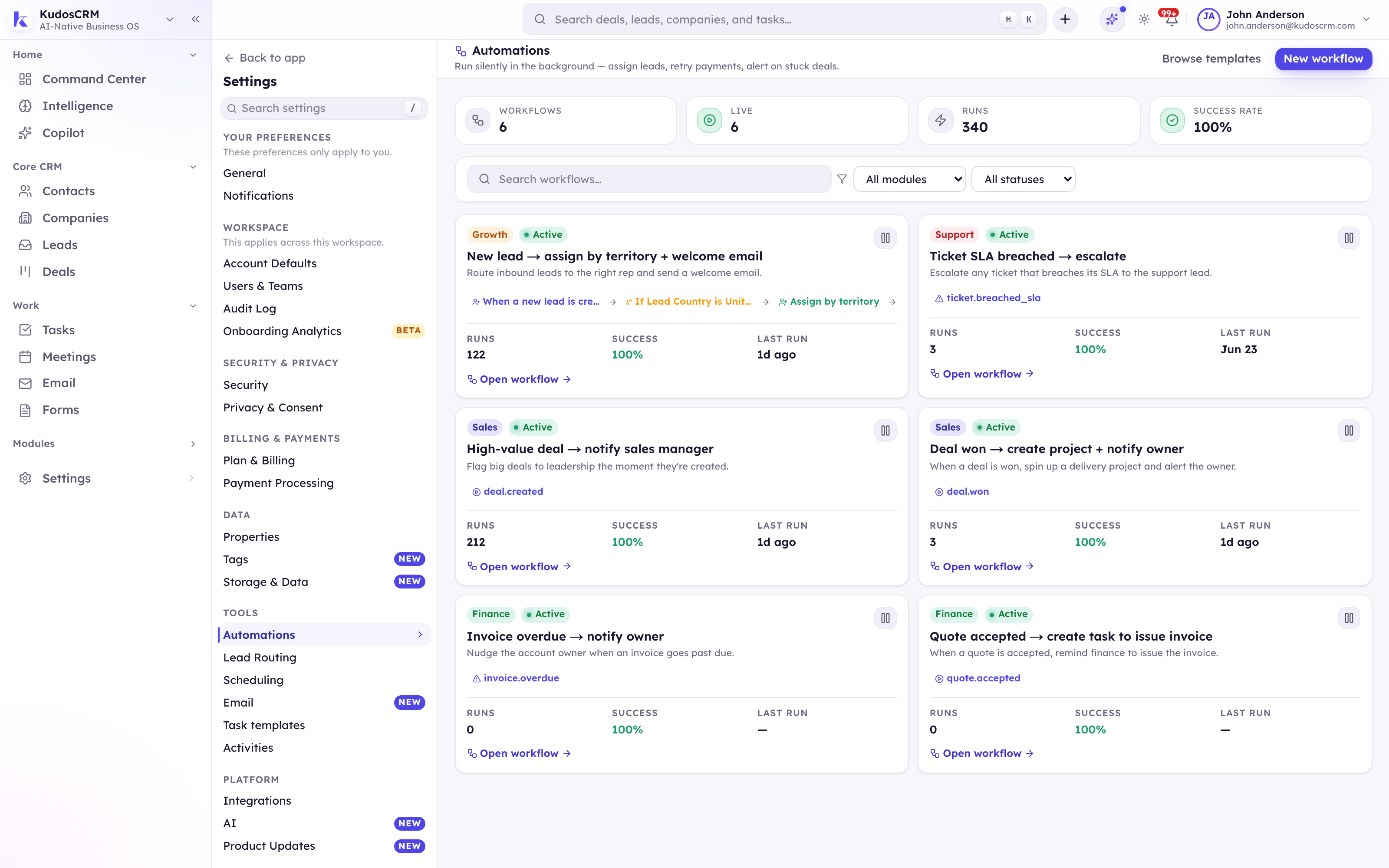 KudosCRM workflow automation rules