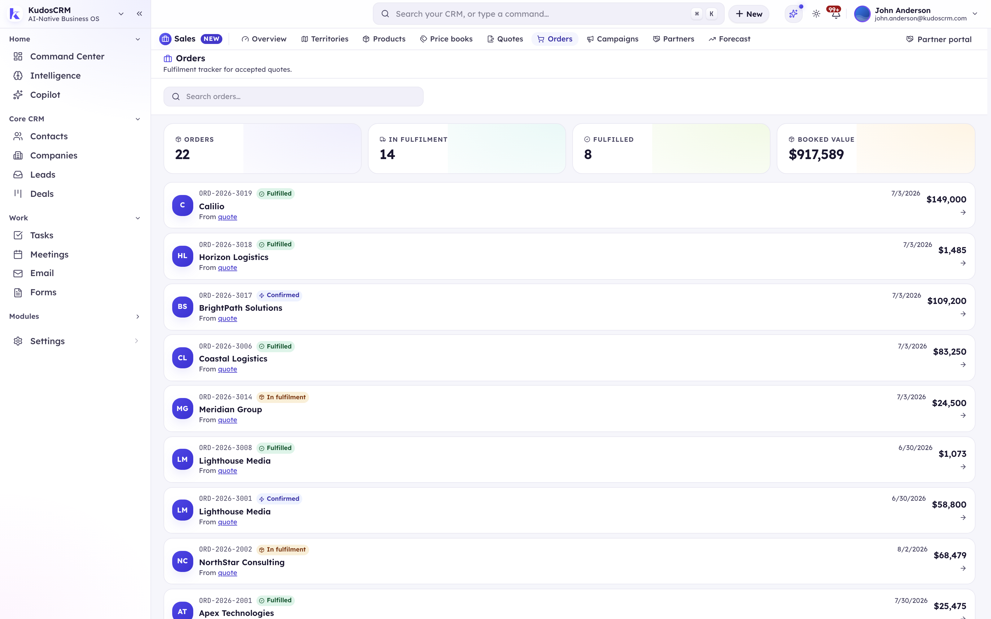 KudosCRM orders list with status