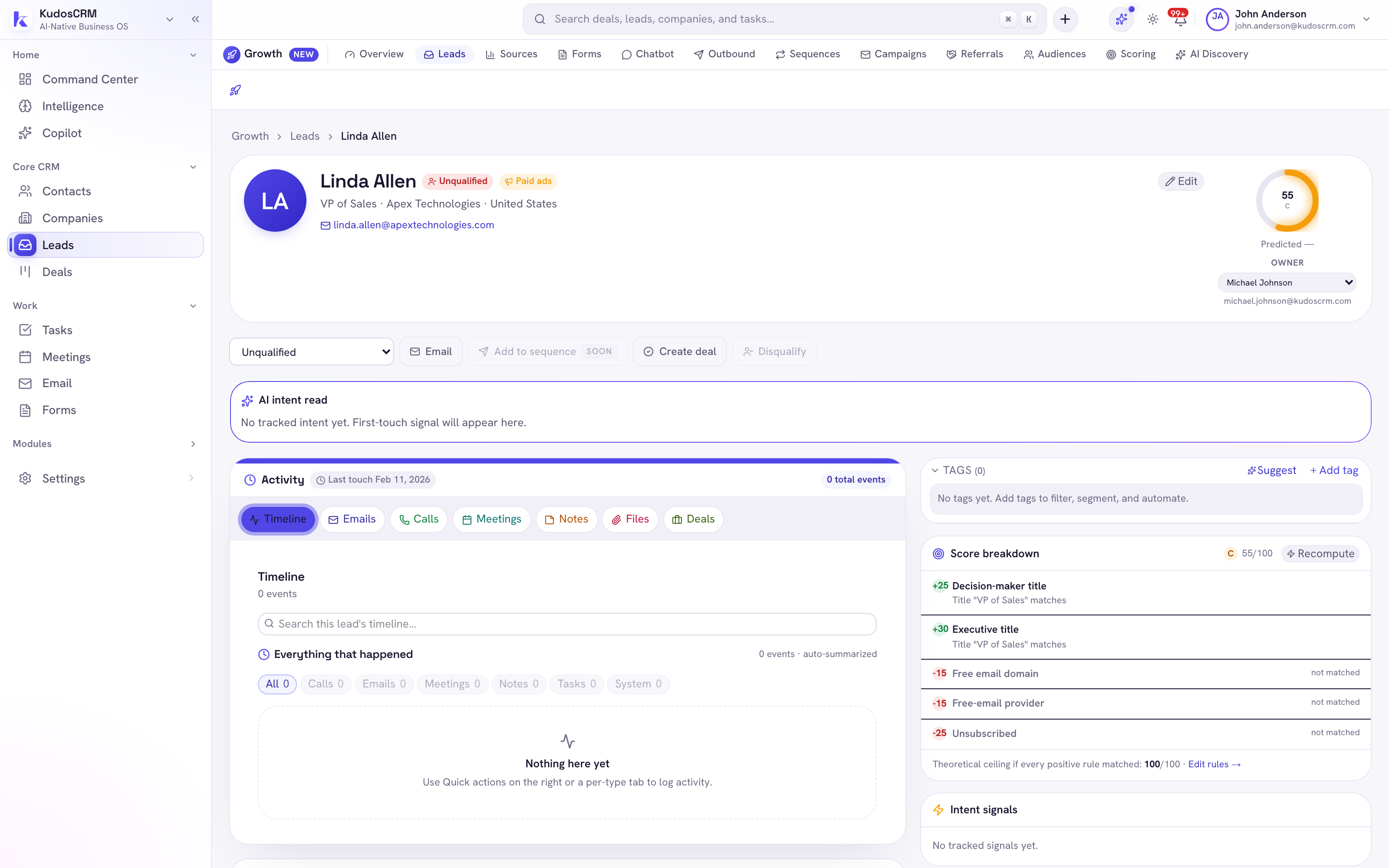 KudosCRM lead record showing contact details, score and activity