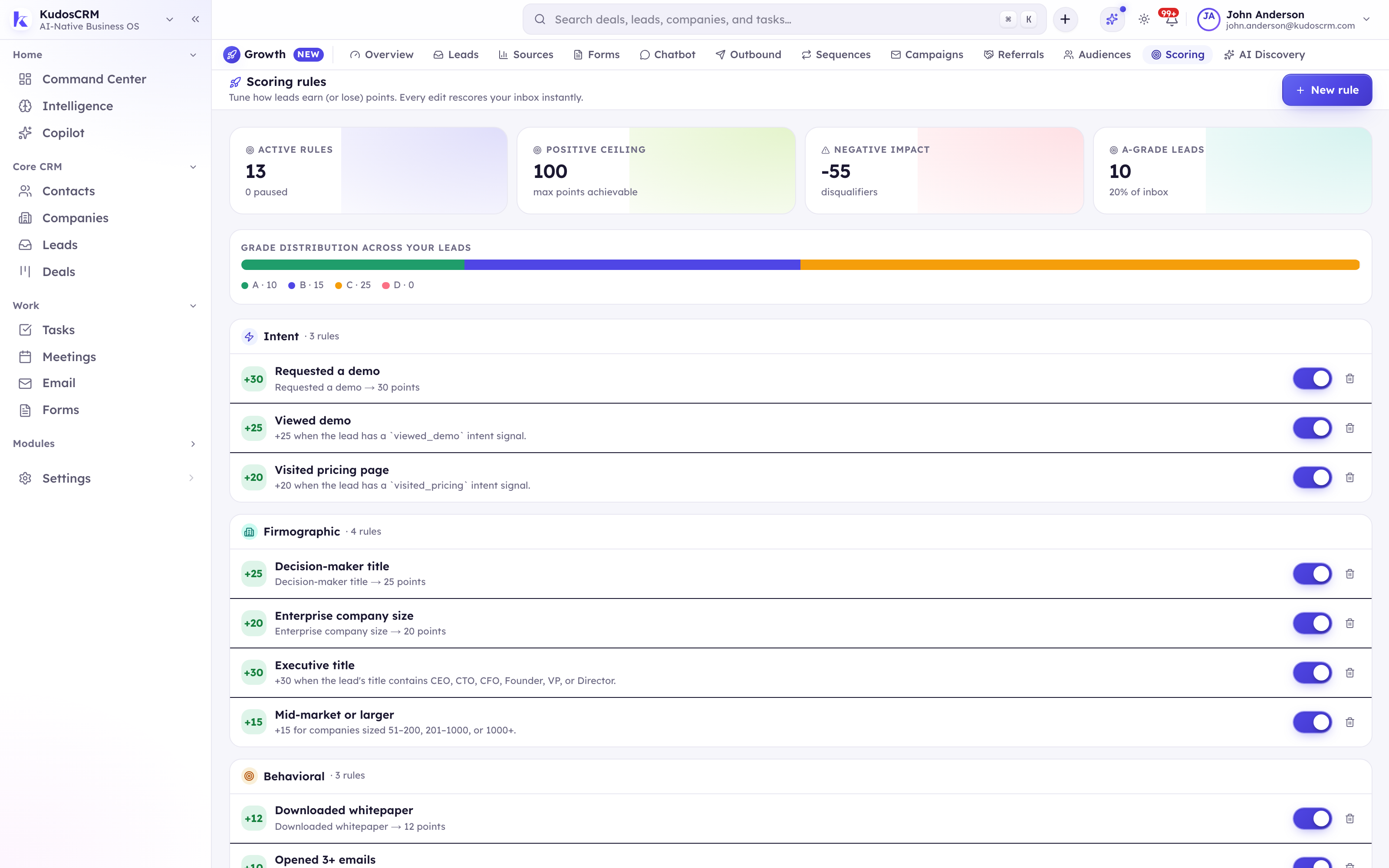 KudosCRM lead scoring rules