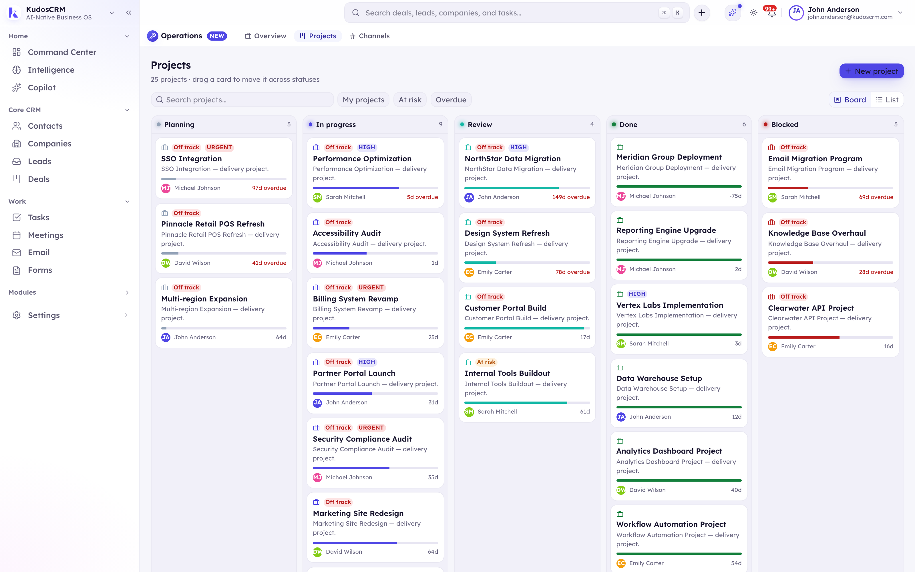 The KudosCRM project board — delivery projects across planning, in-progress, review, done and blocked, each with a health pill