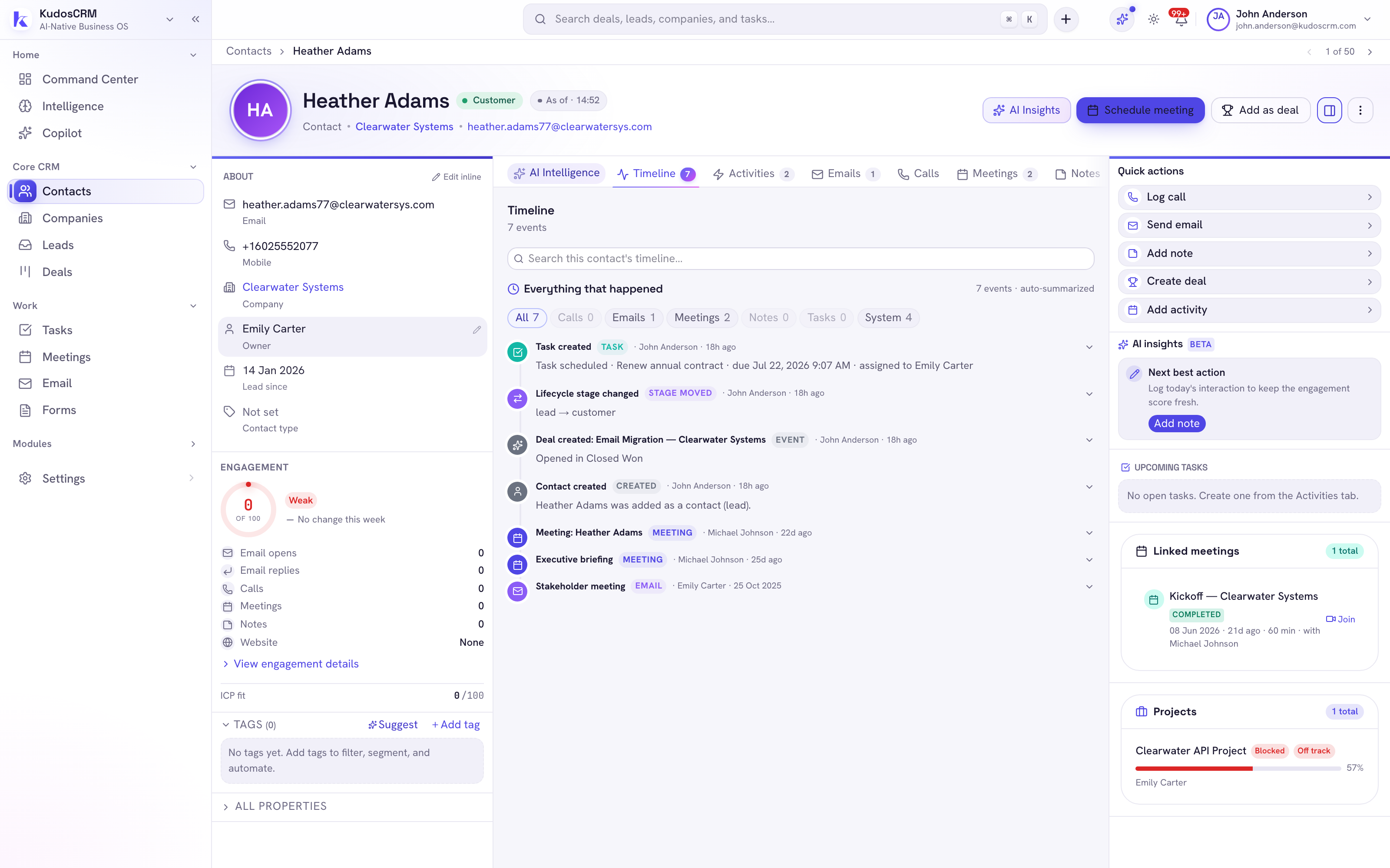 Contact 360 with the AI Intelligence tab — timeline, engagement score and a next-best-action suggestion on the record.